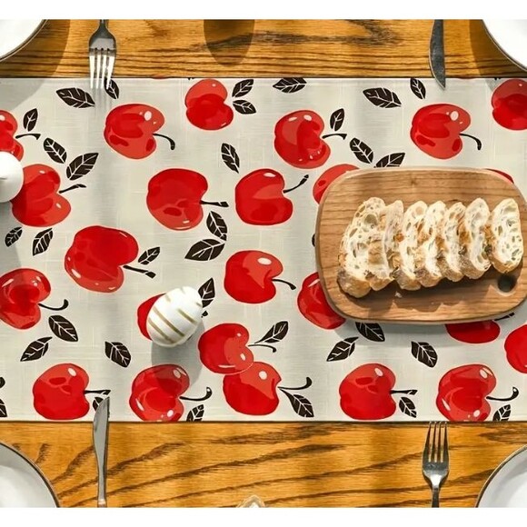 Table runner 13x72in Woven Polyester Apples Off White, red and black - Picture 2 of 3